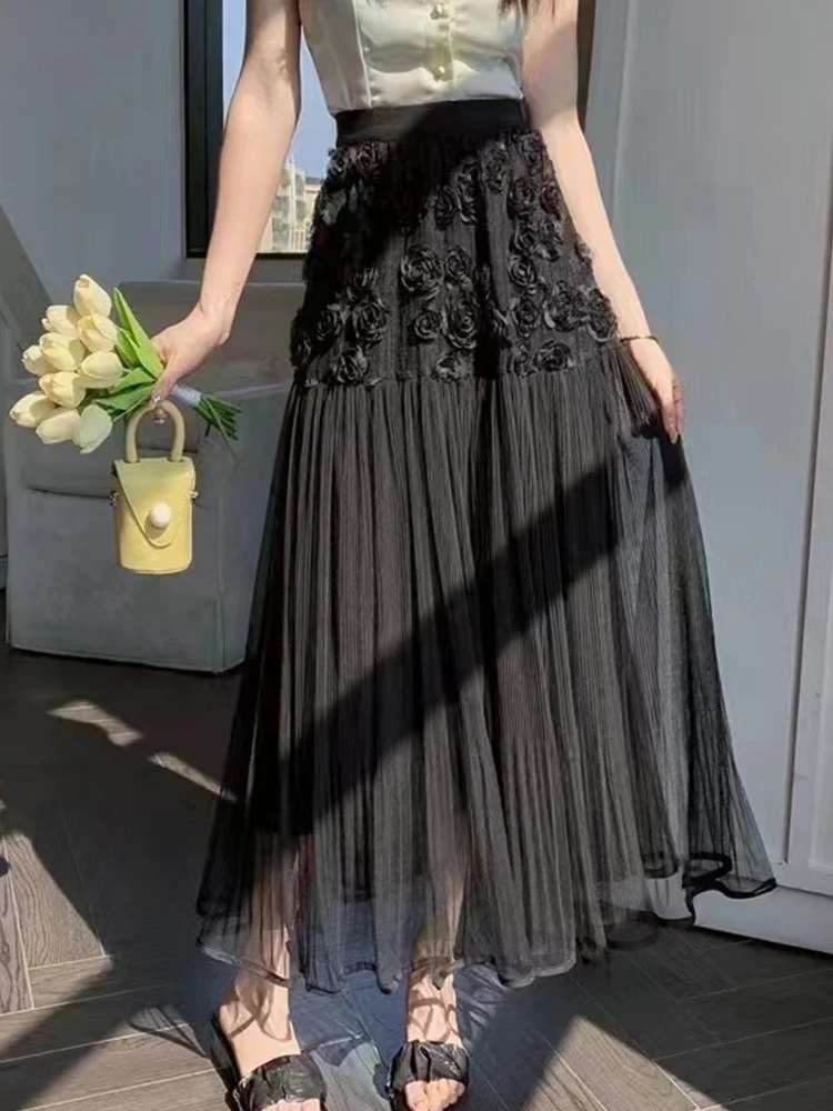 

Three-dimensional flower gauze skirt women's spring and summer high waist A-line skirt fashion pleated skirt big swing long skir