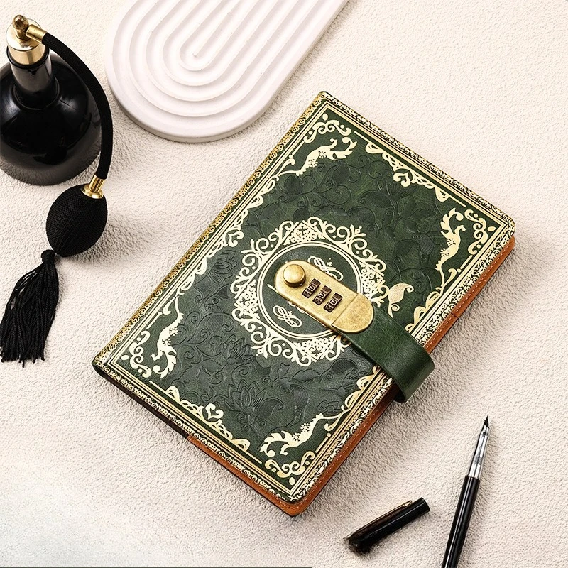 Notebook con blocco password in stile retrò europeo A5 da 200 pagine, in pelle PU, creativo con serratura, diario per studenti, materiale scolastico e per ufficio