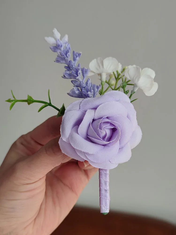 Purple Boutonniere Set Of 2 For Groom & Best Man - Artificial Flower Wedding Corsage With Brooches - View #7