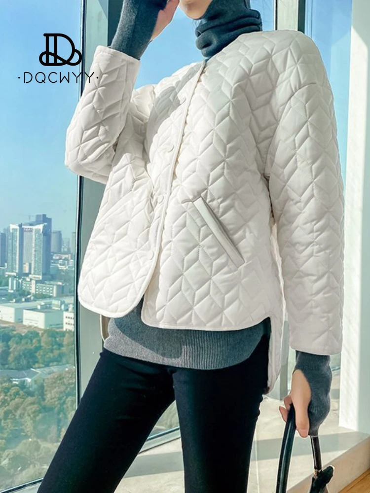 Cotton Jacket Fashionable Design O-neck Diamond Plaid Jacket Women's 2023 New Loose Fitting Retro Light and Thin Woman Clothing