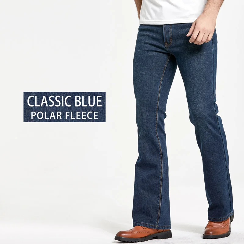 Mens Winter Stretch Denim Jeans Thicken Warm Pants Slim Slightly Flare Trousers Boot Cut Fit Polar Fleece Jeans 2