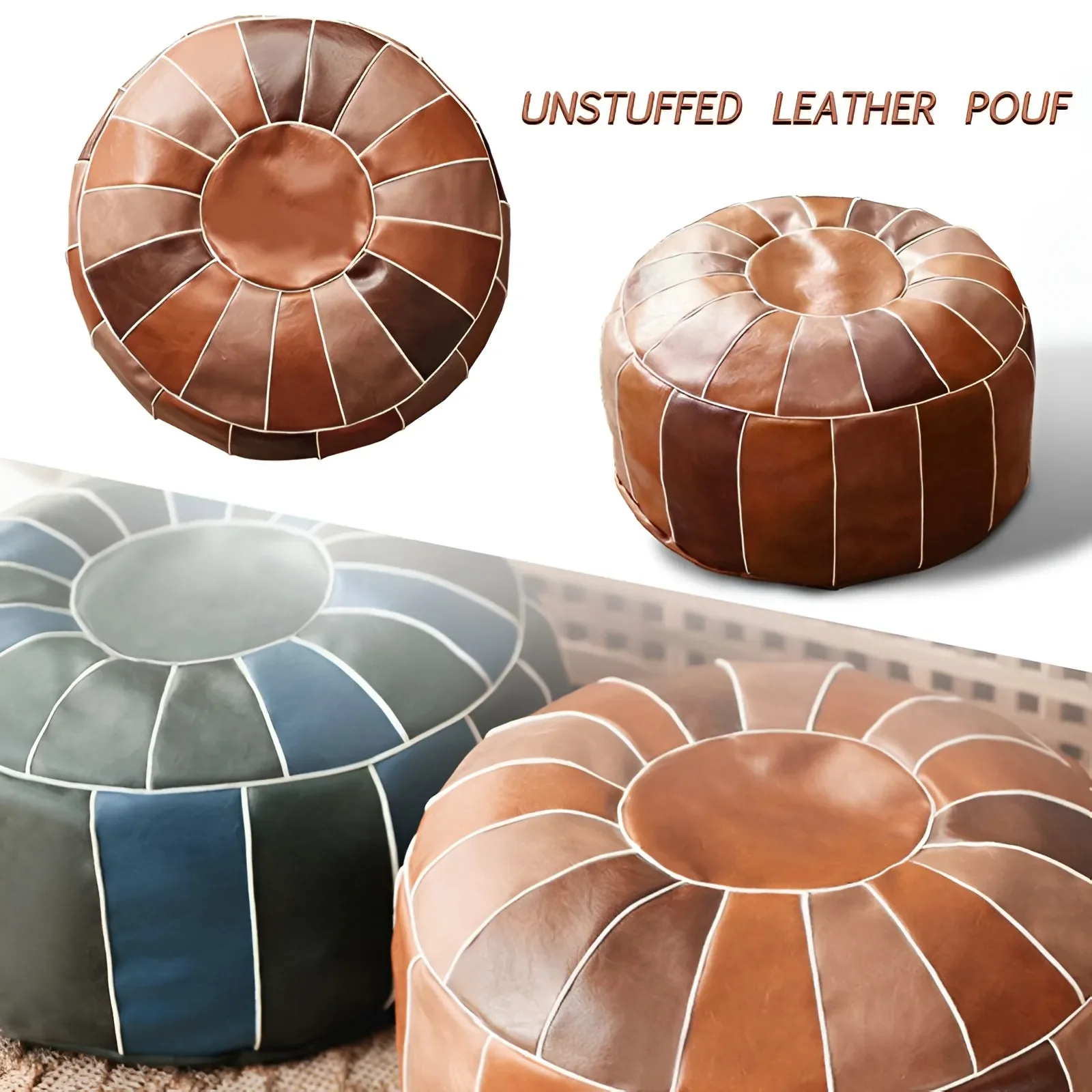Retro Moroccan PU Leather Pouf for Entrance Cloakroom Living room Kids Shoes Change Stool Ottoman Home Decor Artificial Cushion