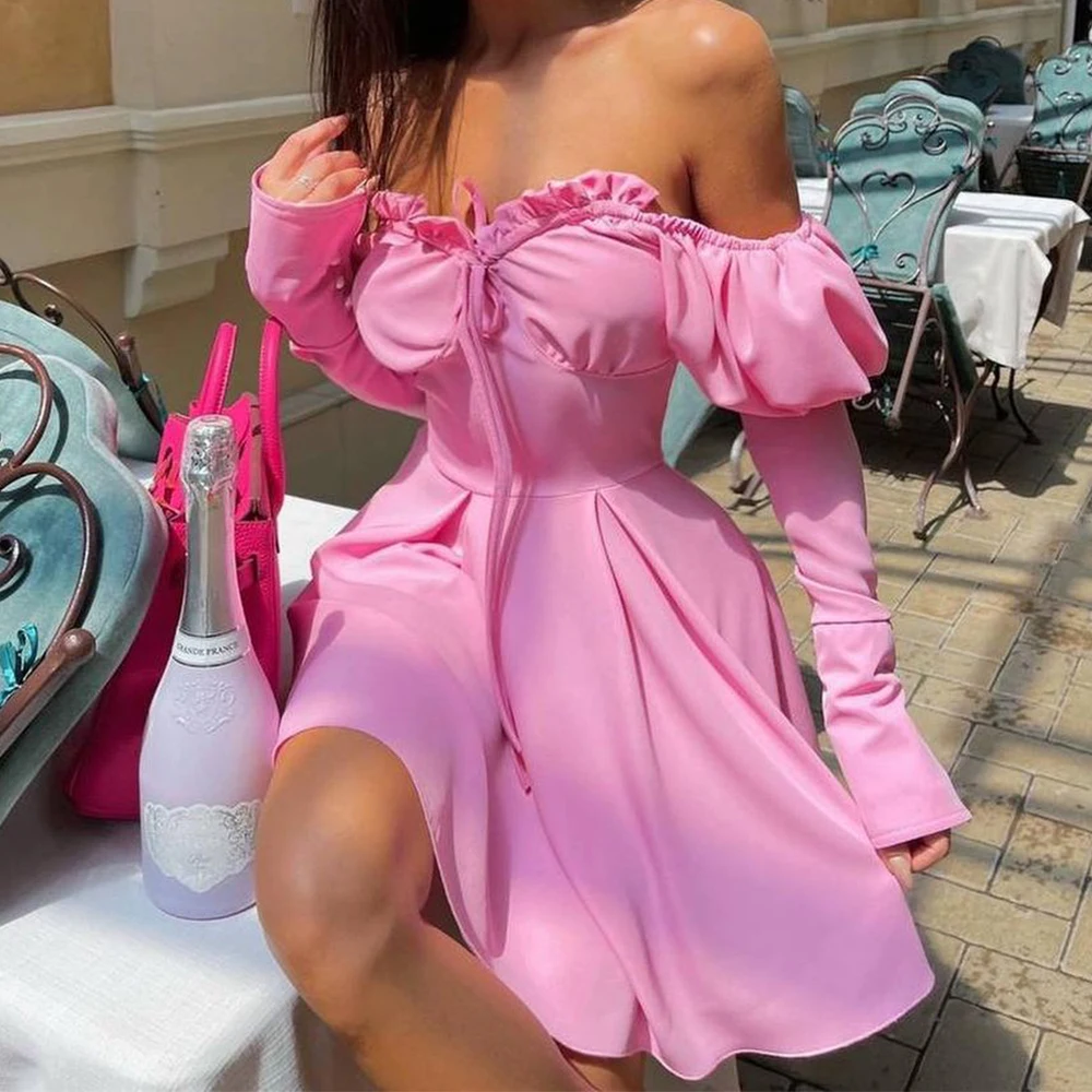 

2023 Off Shoulder Strapless A-Line Print Dresses Winter Cottagecore Dress Autumn Long Sleeves Bohemian Style Pink Green Sundress