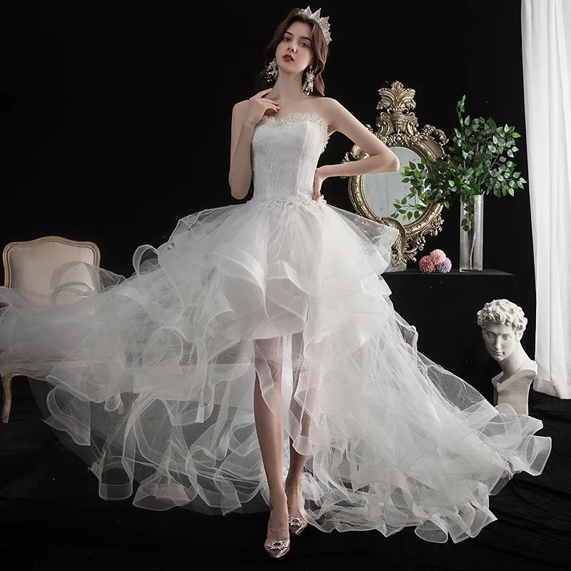 

Vestido De Noiva New Front Short Long Back Strapless Wedding Dress Sweet Bride Dress With Train Custom Made High/Low Edge Curl