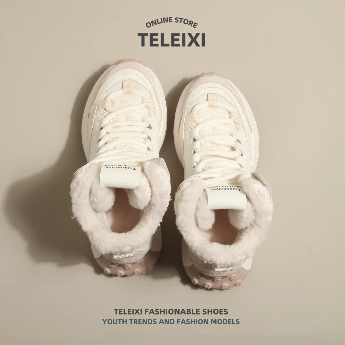 Teleixi 밀크 젤리  기모 두꺼운 양모 스노우 부츠 여성 겨울 새로운 두꺼운 바닥 따뜻한면 패딩 신발