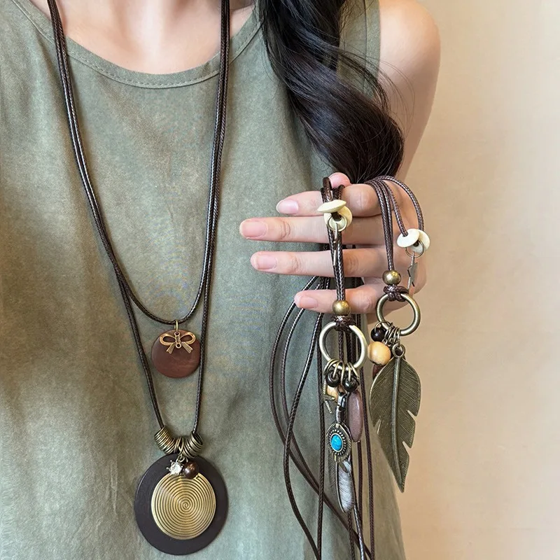 Vintage Black Rope Long Necklace for Women Ethnic Style Leather