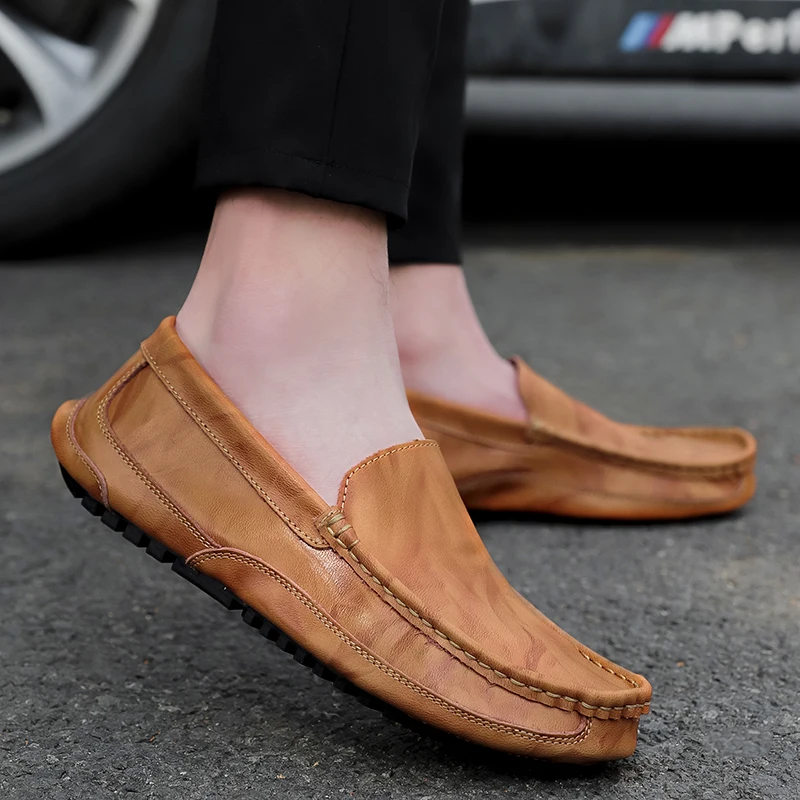 HKDQ Big Size 48 Summer Light Flat Leather Loafers Men Soft Breathable Men's Driving Shoes Comfortable Slip-on Casual Shoes Men