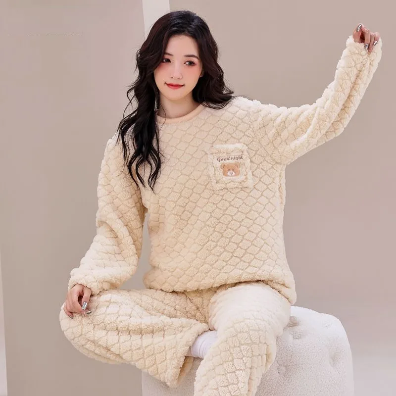 2024 New Flannel Pajamas Women's Autumn Winter Sleepwear Fleece Thickened Pullover High-value Homewear Outwear Loungewear Sets