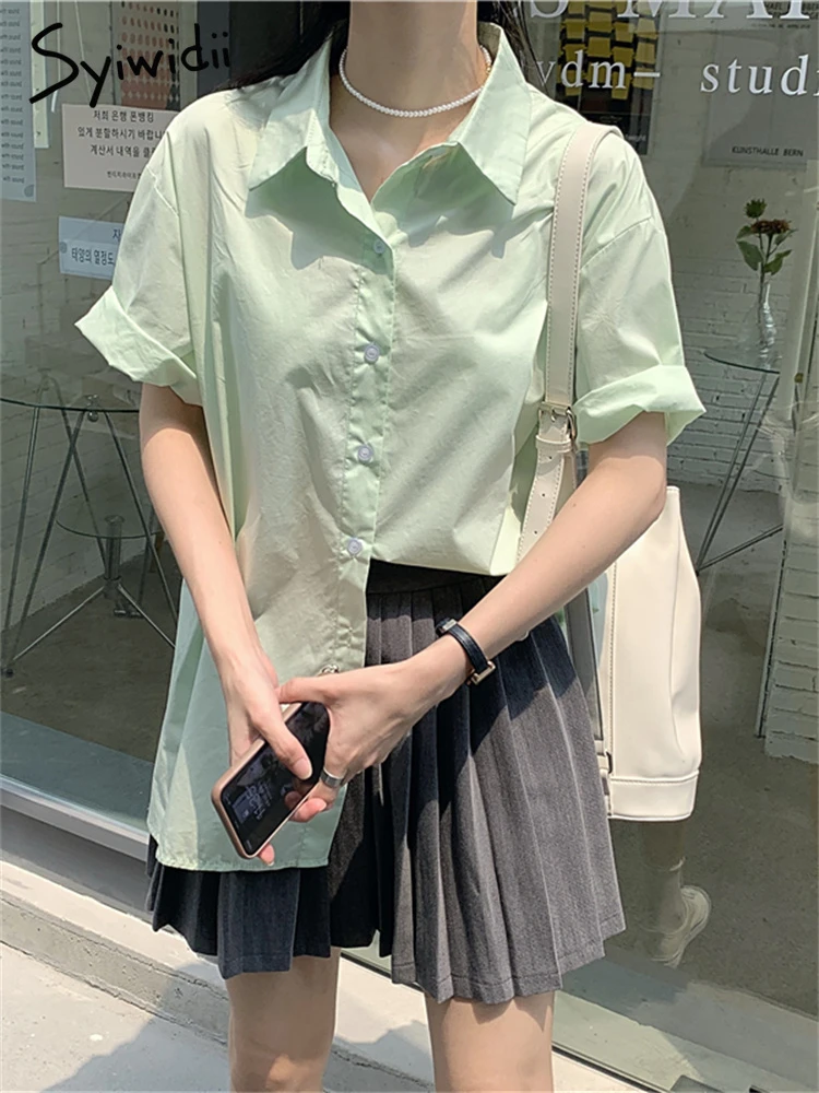 Syiwidii Green Shirts Women Tops Short Sleeve Button Up Blouse Summer 2022  New Causal Office Fashion Elegant Turn down Collar| | - AliExpress