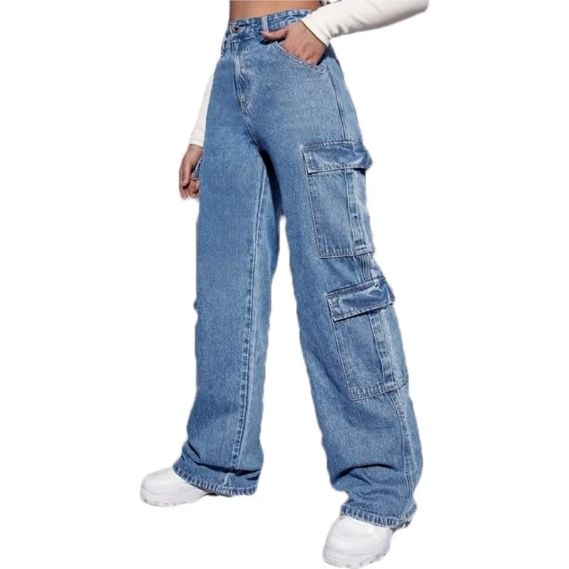 Denim Straight Trousers Autumn Winter Blue Y2K Ladies Overalls Pocket Casual Jeans Long Pants Street Women Clothing New Arrival ladies formal blaze new arrival pink plaid women female long sleeve single button slim business work wear jacket coat