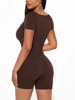 2025 Summer New Women's Sexy Solid Color Short Sleeve U Neck Jumpsuit Short Jumpsuit Yoga Fitness One Piece Polyester - Image 5