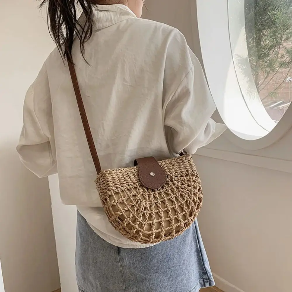 

Fashion Summer Straw Bag Women Rattan Handmade Semicircle Crossbody Bags Beach Bags Tote Messenger Handbag Hollow Shoulder Bag