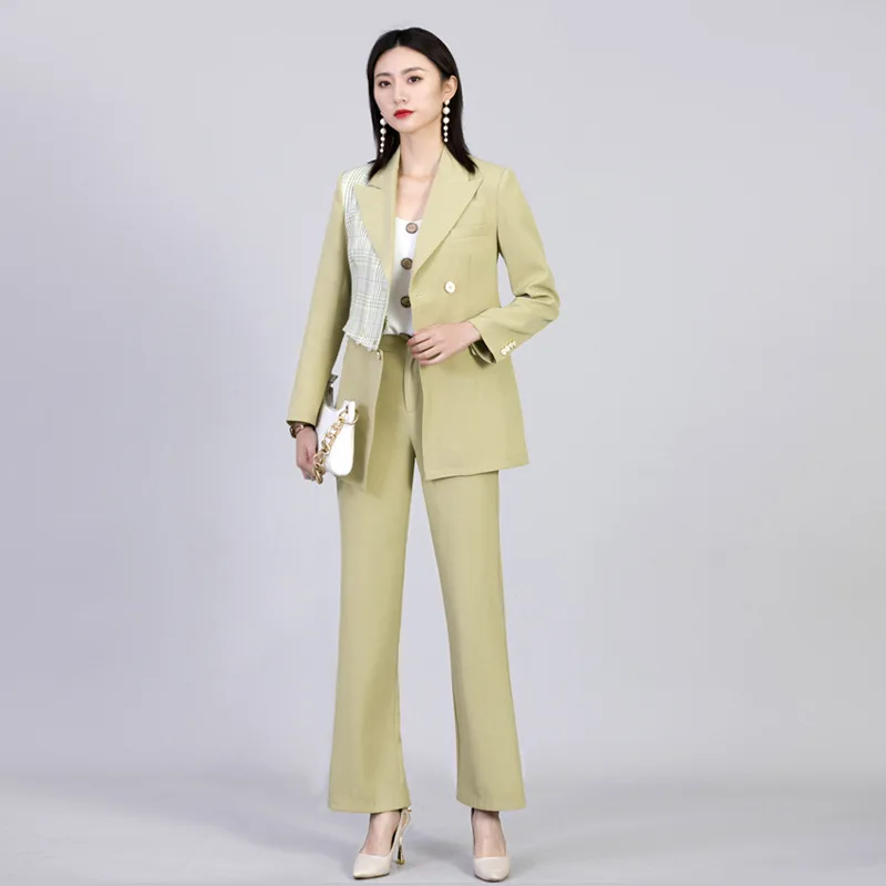 

2023 Summer Women's Fashion Color Contrast Commuter Suit Plaid Splice Slim Fit Coat Wide Leg Pants Two Piece Set