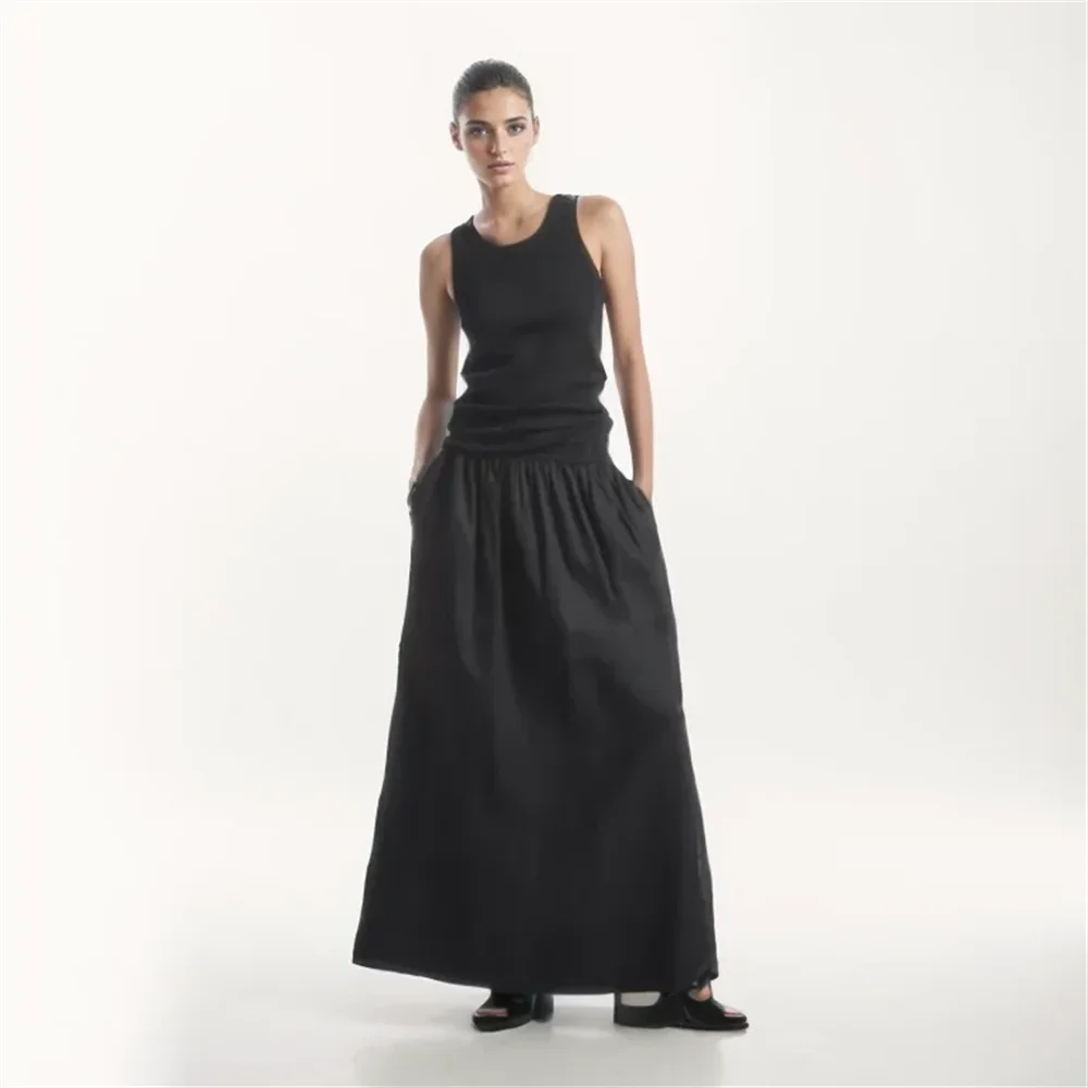 Cos Lris 2024 Summer New Product Women's Versatile Casual Elastic Waist Black A-line Skirt Half skirt