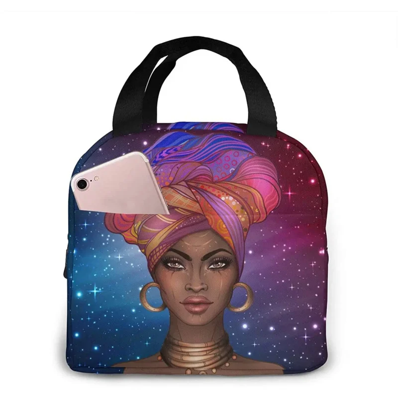 

African American Woman Starry Galaxy Background Lunch Bag Compact Tote Bag Reusable Lunch Box Container For Women Men