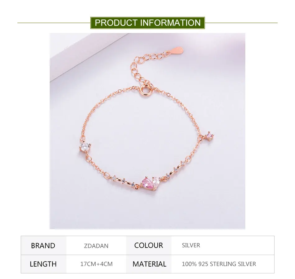 ZDADAN 925 Sterling Silber Roségold Asymmetrisches Herz Zirkon Armband Ketten für Damen Modeschmuck – Detail 1