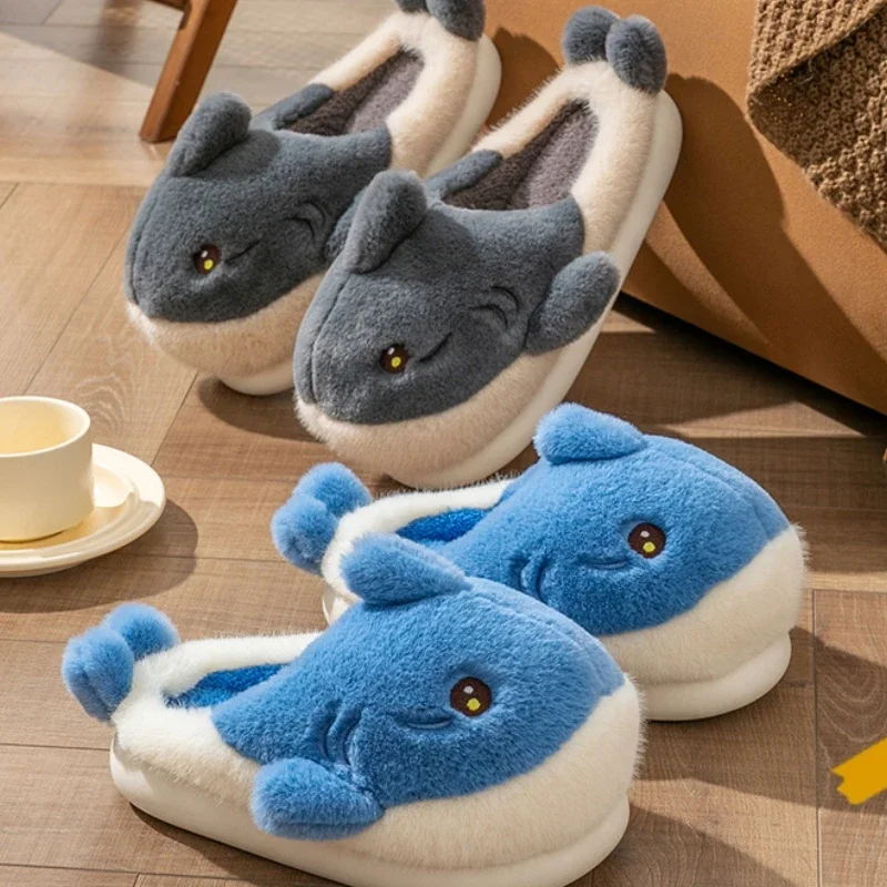 Parent-child Cotton Slippers Winter Men and Women Cute Cartoon Dolphin Cotton Shoes Couple's Indoor Warmth Plush Cotton Slippers