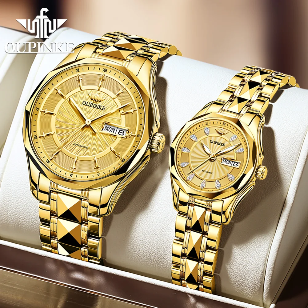 

OUPINKE Japan Movement Mechanical Couple Watch For Men Women Swiss Certification Diamond Tungsten Steel Automatic Couple Watches