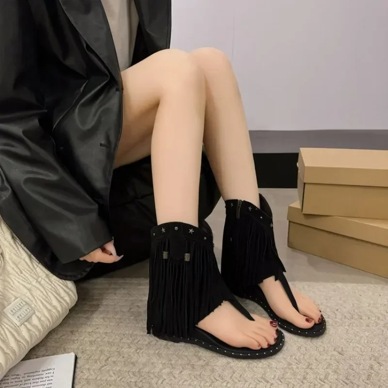 フラットシューズ Leather Fringe Sandals Stylish Women Open-toed Sandals 2024 Leather Fringe Design