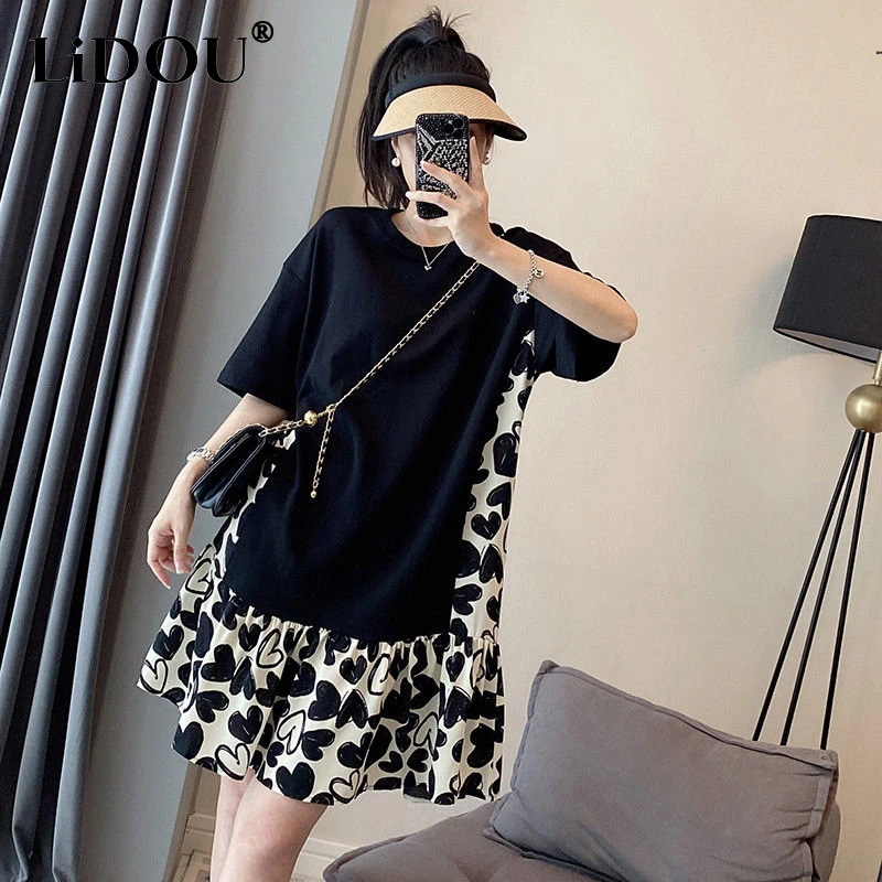 

Summer Fashion Loose Casual Love Printing Patchwork Dress Ladies Short Sleeve Sweet T-shirt Robe Women Oversized A-line Vestidos