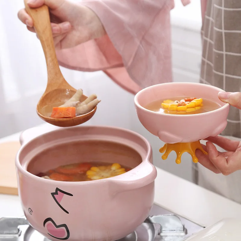 casserole pot Pink Pig High Temperature Resistance Casserole Handle Ceramic Cookware with Crown Pot Cover Kitchen Supplies Soup Pots