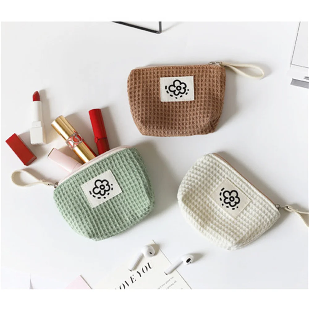 Cute Waffle Coin Purse Summer Flowers Small Makeup Bag Portable