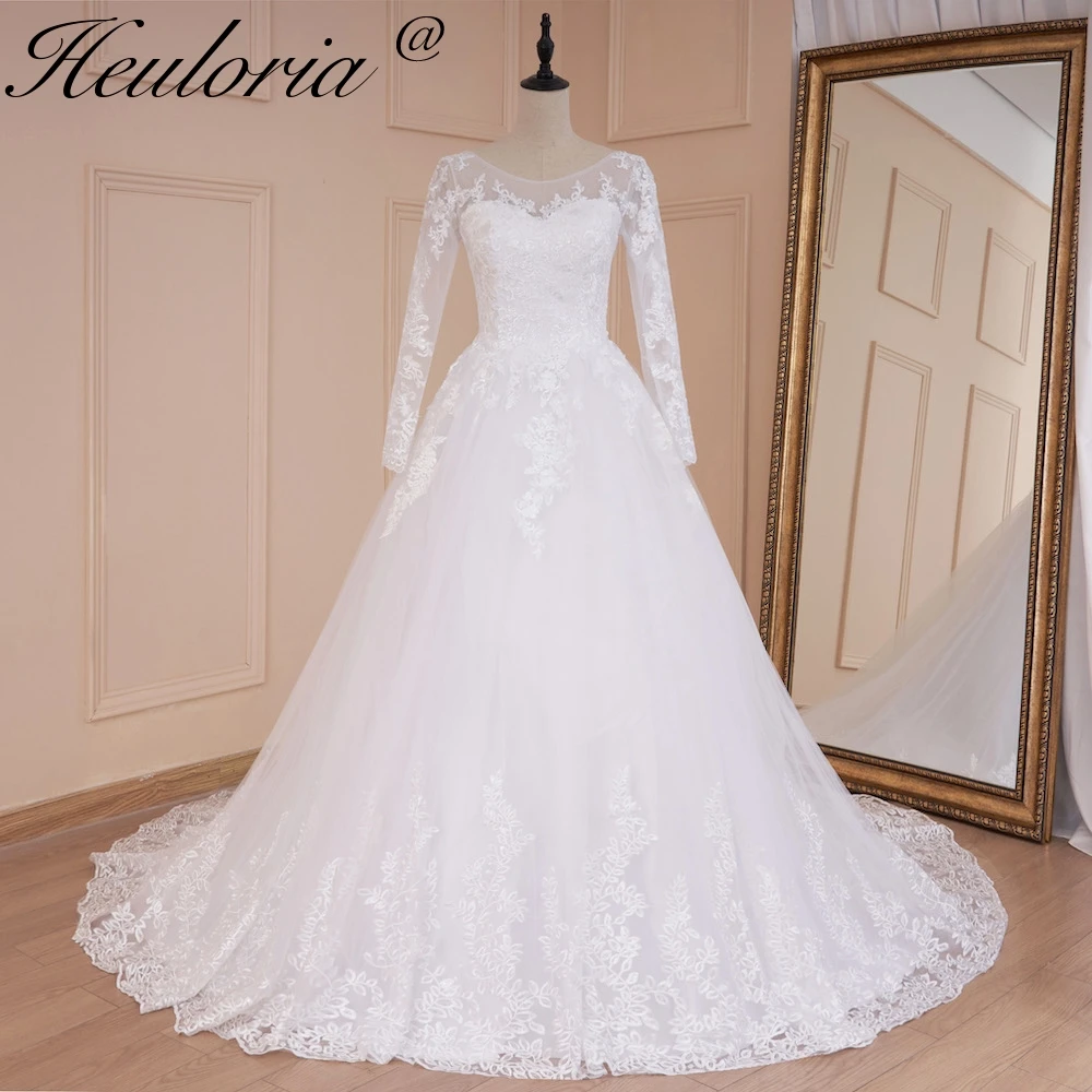 

HEULORIA princess wedding dress long sleeve lace applique bride dress lace up Robe De Mariee