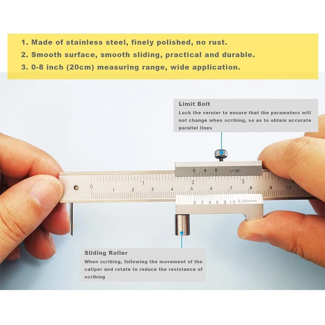 Pied à Coulisse Parallèle En Acier Inoxydable - Mesure 0-20 Cm, Lecture Métrique/impériale - Précision 0.02 Mm, Pour Mécanique, Bricolage