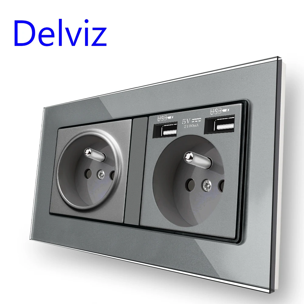 Delviz French standard socket, Tempered Glass Crystal Panel,AC 100~250V, 2A Dual USB charging Port, France 16A Power Wall Outlet