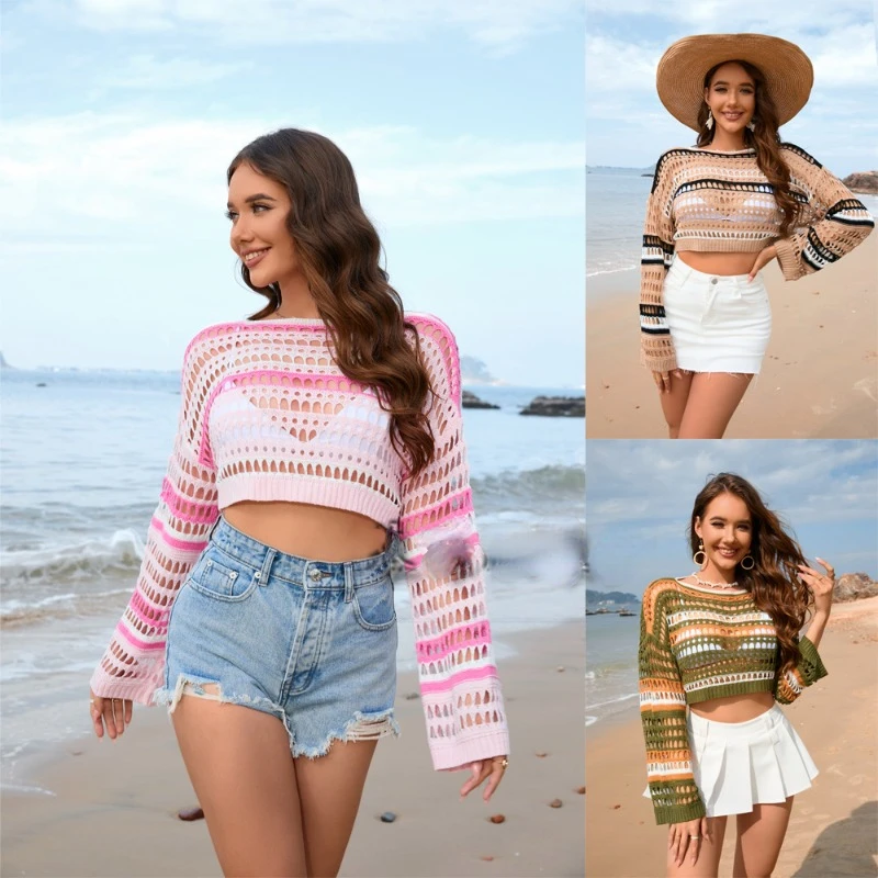 

2024 Sexy Ladies Hollow Knitter Tops Spring And Summer New Women's Elegant Stripes Splicing Hot Bikini Beach Cover-ups