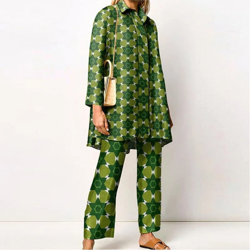 Women's Streetwear Loose Straight Suit Women's Elastic Waist Office Pants Suit Retro Print Lapel Two Piece Set
