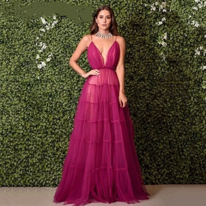 

Tulle Deep V-Neck Evening Dresses A-Line Spaghetti Strap Sleeveless Prom Gowns Formal Occasion Custom Made Robe De Soiree