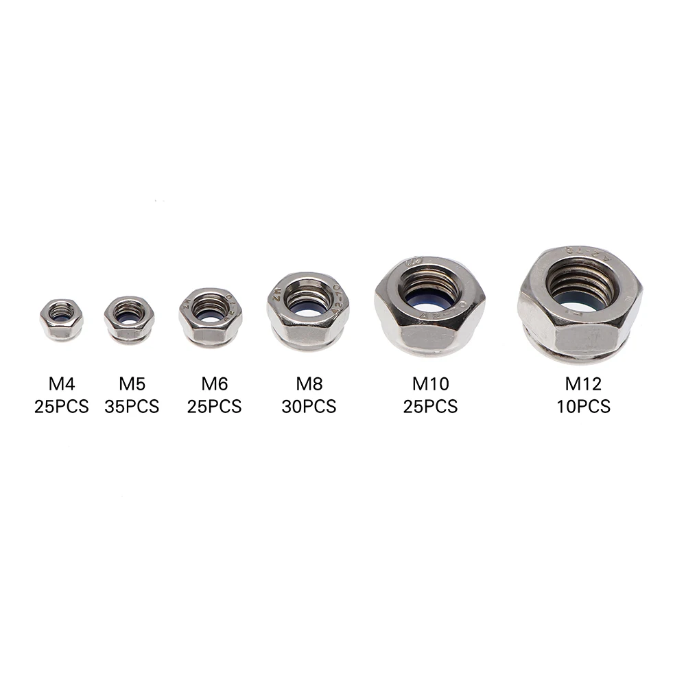150/182Pcs M3 M4 M5 M6 M8 M10 M12 Nylon Self-locking Nuts 304 Stainless Steel Hex Hexagon Self locking Nut Assortment Kit