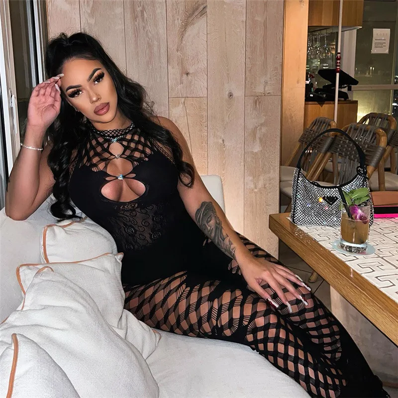 Sexy Sheer Mesh Hollow Out Women Jumpsuit Sleeveless Zip Pencil Pants One Piece Elegant Appeal Night Club Party Playsuits 2023