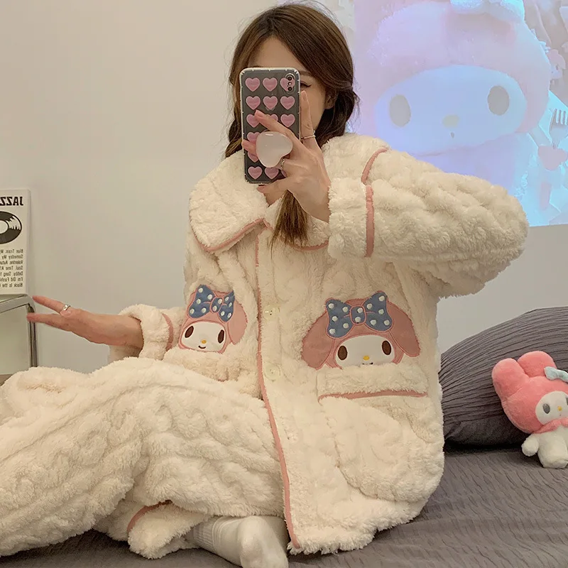 Kawaii Sanrios Cartoon Kuromi Pajamas Anime My Melody Plush Homewear Sleepwear Autumn Winter Cute Girl Thickening Nightwear Suit