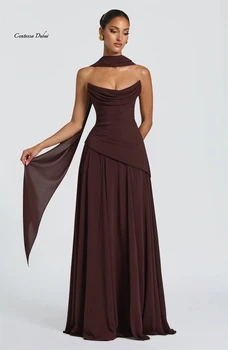 Contessa Customized Brown Strapless Elegant Evening Dress chiffon Cape Draping robes de soirée Formal Event Dress Floor Length 1