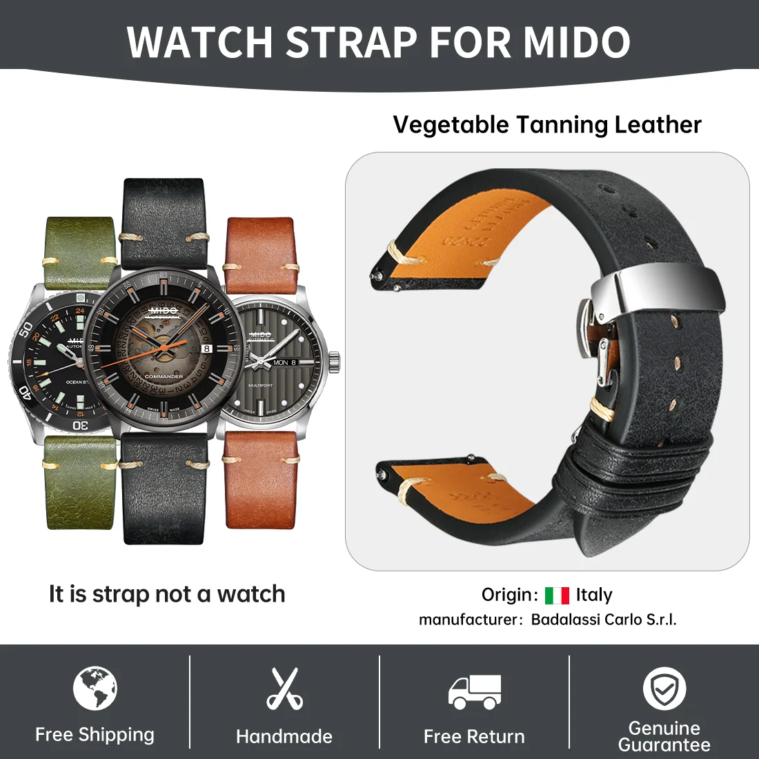 Italian Pueblo Leather Luxury Quick Release Watch Strap - Premium Watch Band Bracelet in 20mm & 22mm Sizes