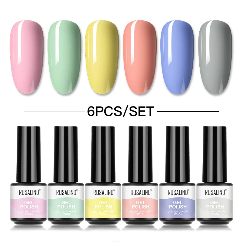 ROSALIND 6PCS Nail Gel Polish Set Hybrid Varnish Semi Permanent Nail Art Design Soak Off Top Base Matt Coat UV Gel Nail Polish
