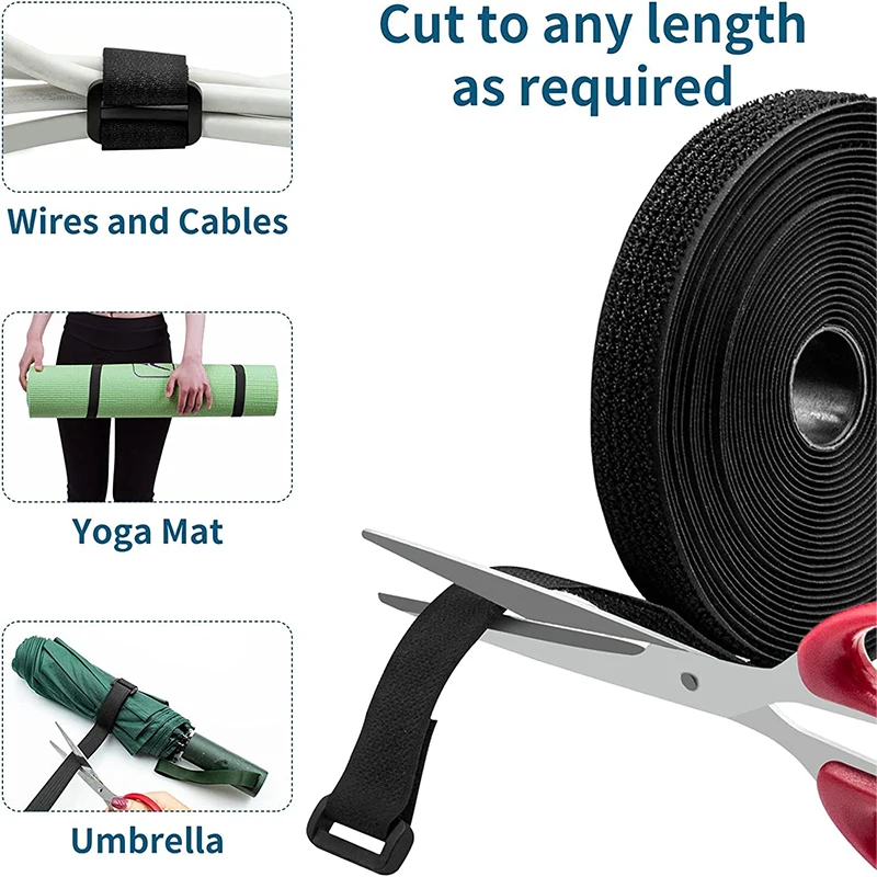 Hook And Loop Strap 5Meters Adjustable Fastening With 25 Buckles Free Cut Length Cord Straps For Sewing And Cable Wire Management