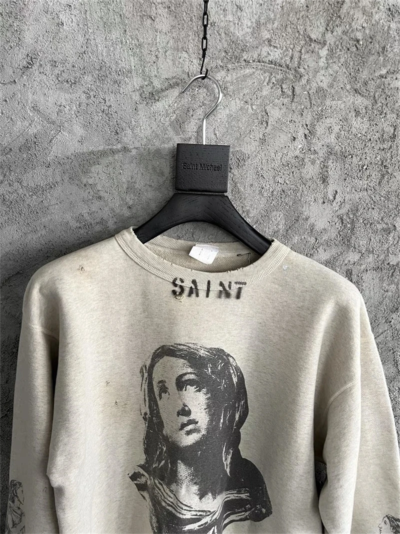 

Hip Hop Apricot Round Neck Washed Saint Michael Sweatshirts Men Women Damaged Hooded Pullover Kanye West