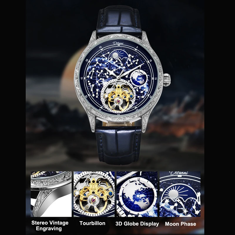 Tourbillon Wristwatches For Men Watches Starry Sky Luminous Automatic Mechanical Watch Luxury Brand Waterproof Moon Phase Clock