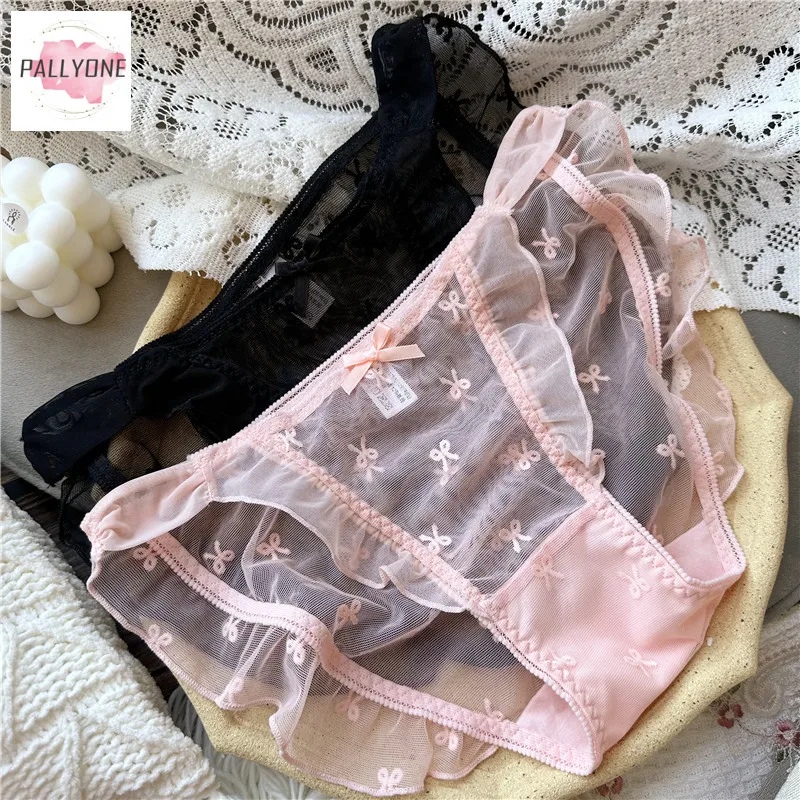 

3pcs/lot Women Sexy Lace Panties cute mesh bow low waist underwear Solid Color Intimates Female Breathablle Soft Lingerie femme