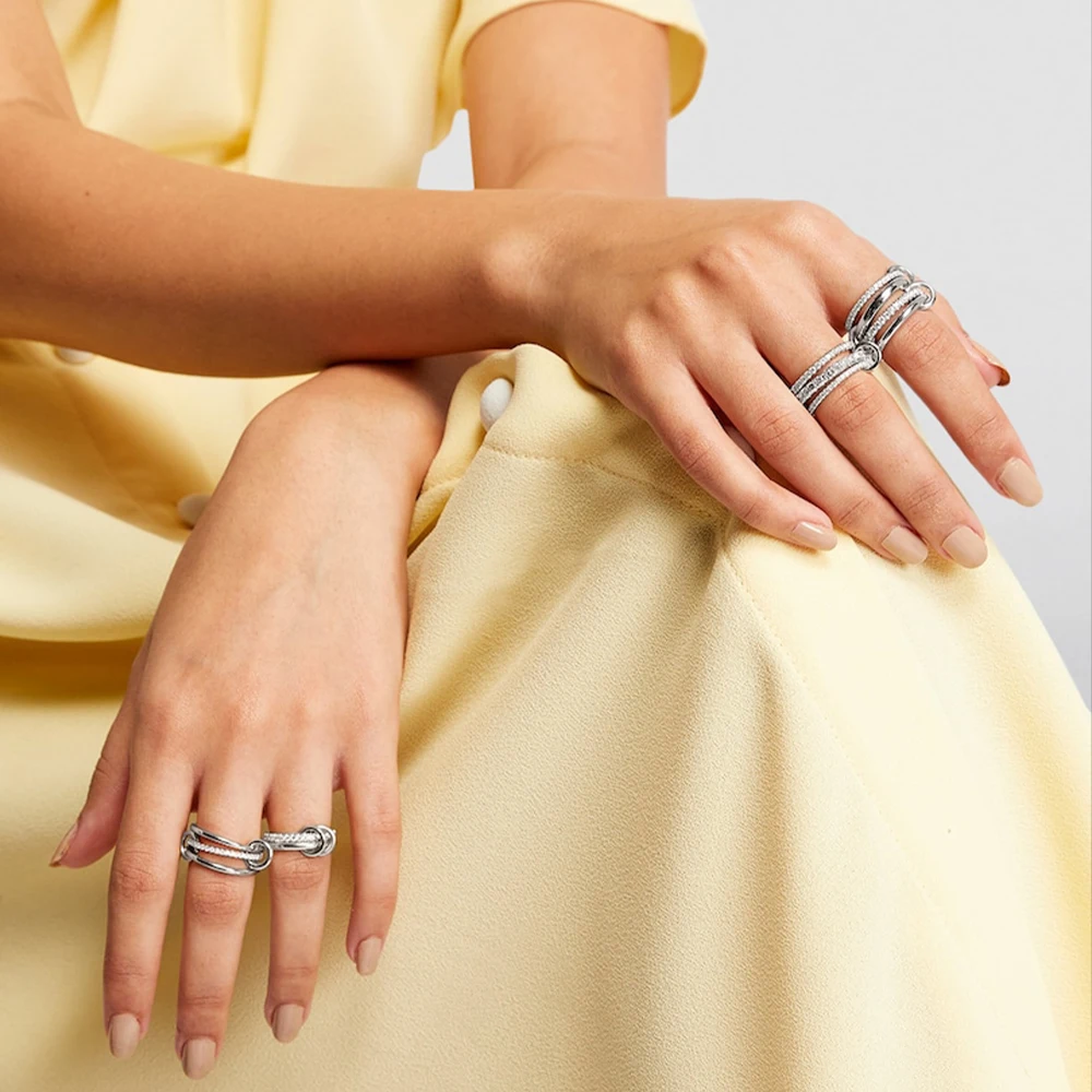 Fashion Luxury Cubic Zirconia Gold Plated Multilayer Connecting Rings Set for Women Mixed Color Stackable Finger Ring Jewelry