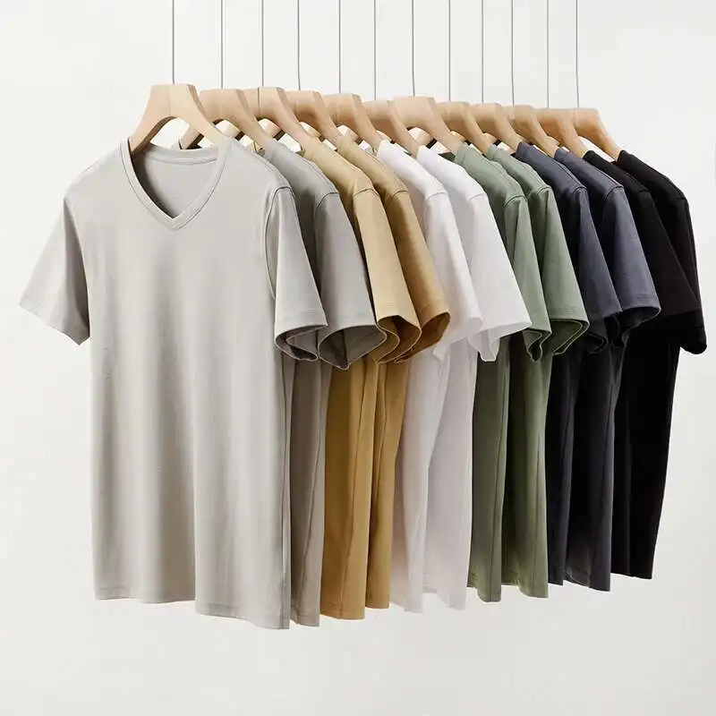 Men T Shirt Summer Mulberry Silk Mercerized Cotton V-neck Loose Short Sleeve 7%Silk