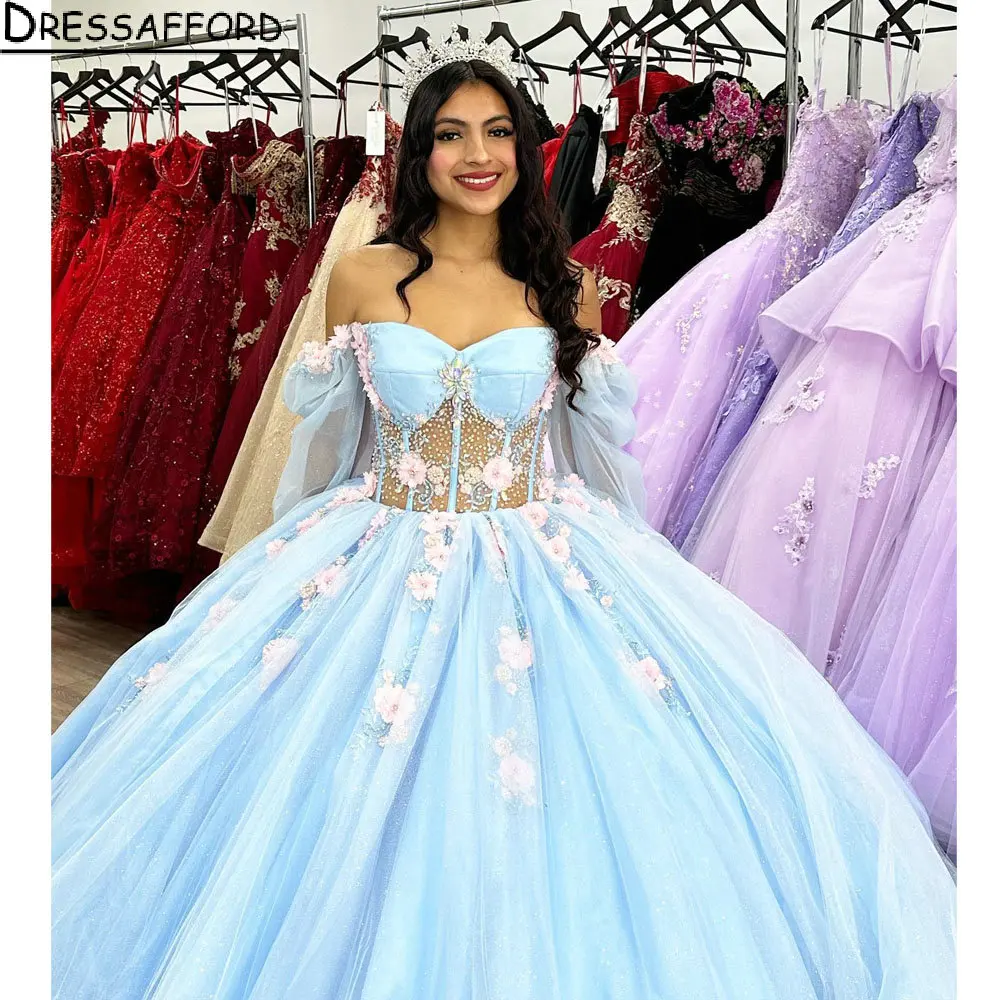 

Light Blue Off The Shoulder Long Sleeve Ball Gown Quinceanera Dresses Illusion 3D Flowers Crystal Corset Vestidos Para XV Años