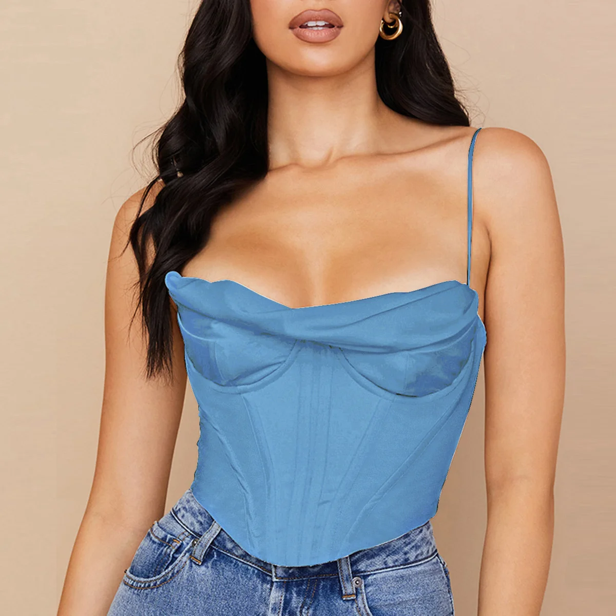 Giyu Sexy Mesh Satin Corset Crop Tops Women Camis Summer Pile Collar Spaghetti Strap Backless Camisole Padded Blusas Femininas jockey camisole