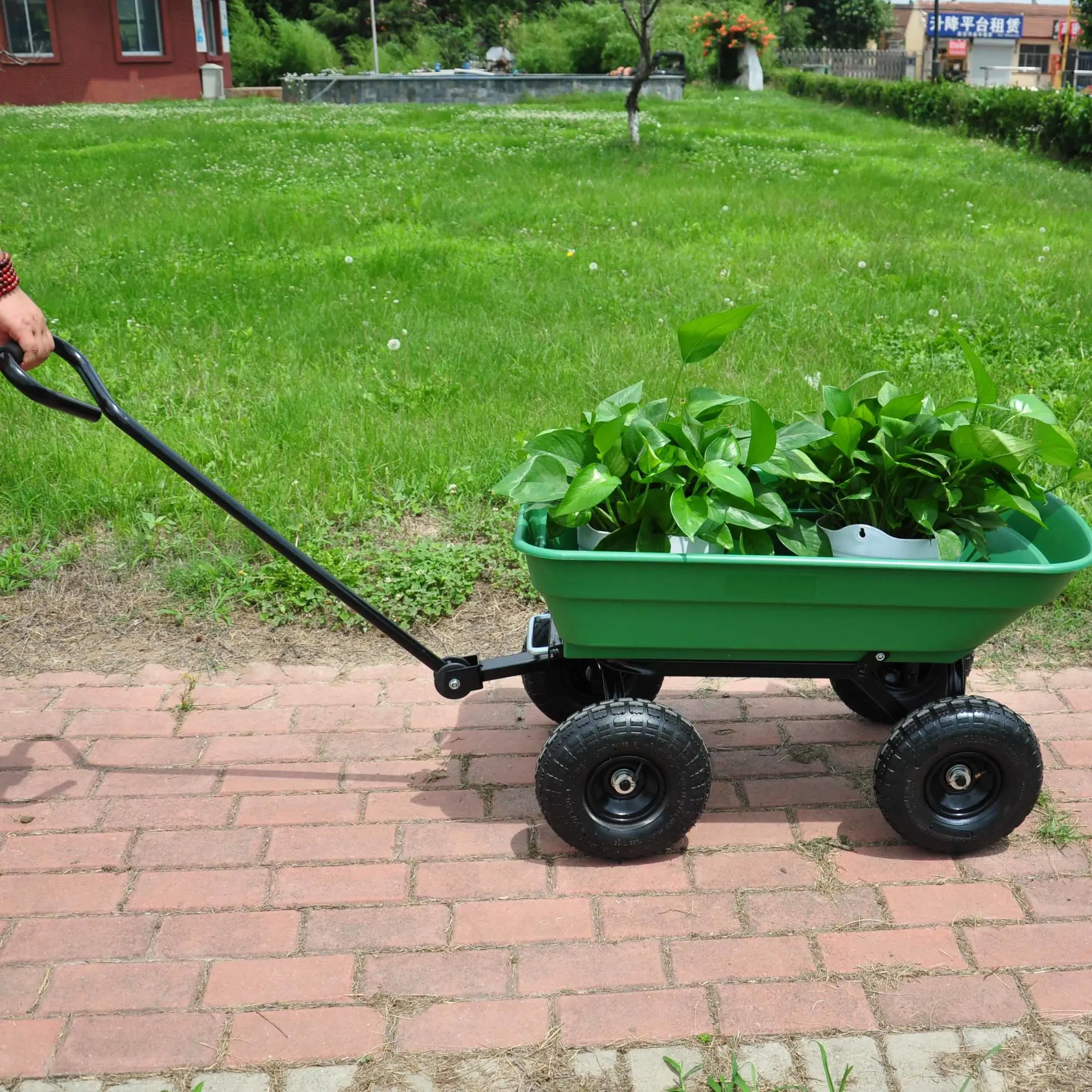 300 lb capacity body 55L Green Pneumatic tire, Folding car Poly Garden dump truck with steel frame, 10 inches.