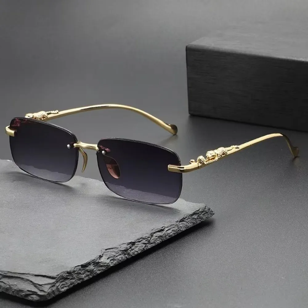 UV400 Diamantgeschliffene Sonnenbrille Quadratische Form Rahmenloses Design Kleiner Rahmen Sonnenbrille mit Leoparden-Dekor Diamantgeschliffene Kanten – Detail 7