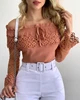 Women's Blouse Daily Casual Fashion Solid Off Shoulder Guipure Lace Frill Hem Drawstring Mesh Long Sleeve Straight Top 1