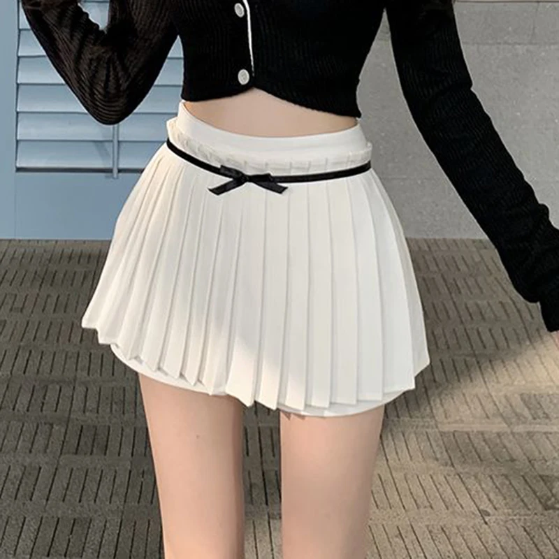 

Women Pleated Mini Skirts Summer Fashion Bow Bandages A Line Skirts Y2K Casual Streetwear High Waist Female Jk Skirts New